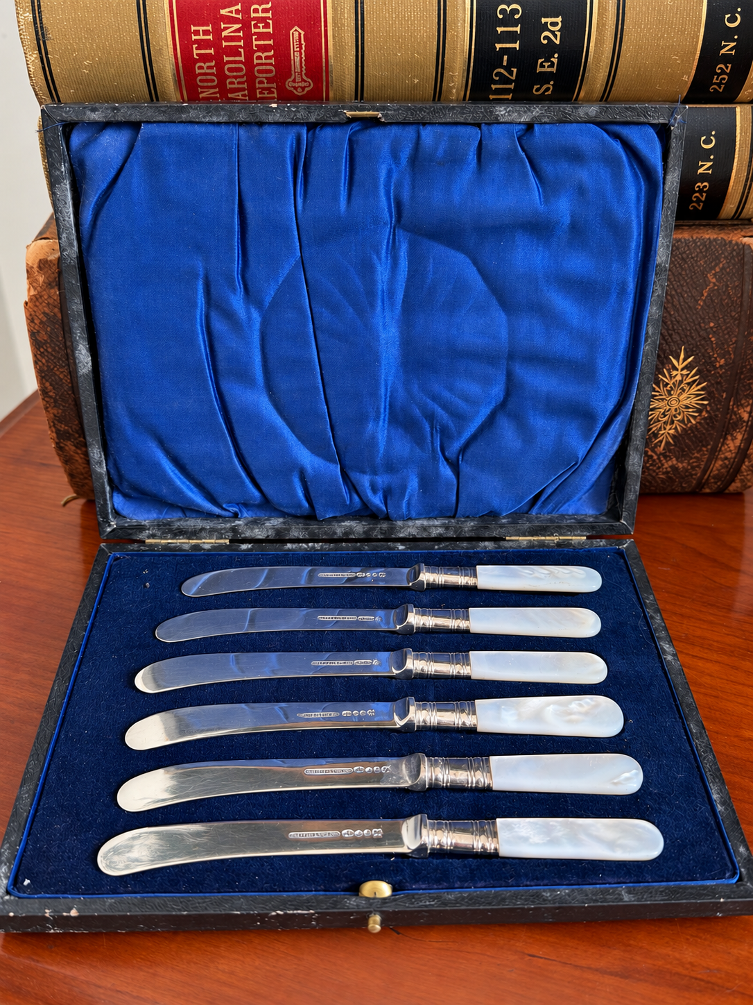 Antique set of 6 Butter Knives with Mother-of-Pearl Handles in Original Case
