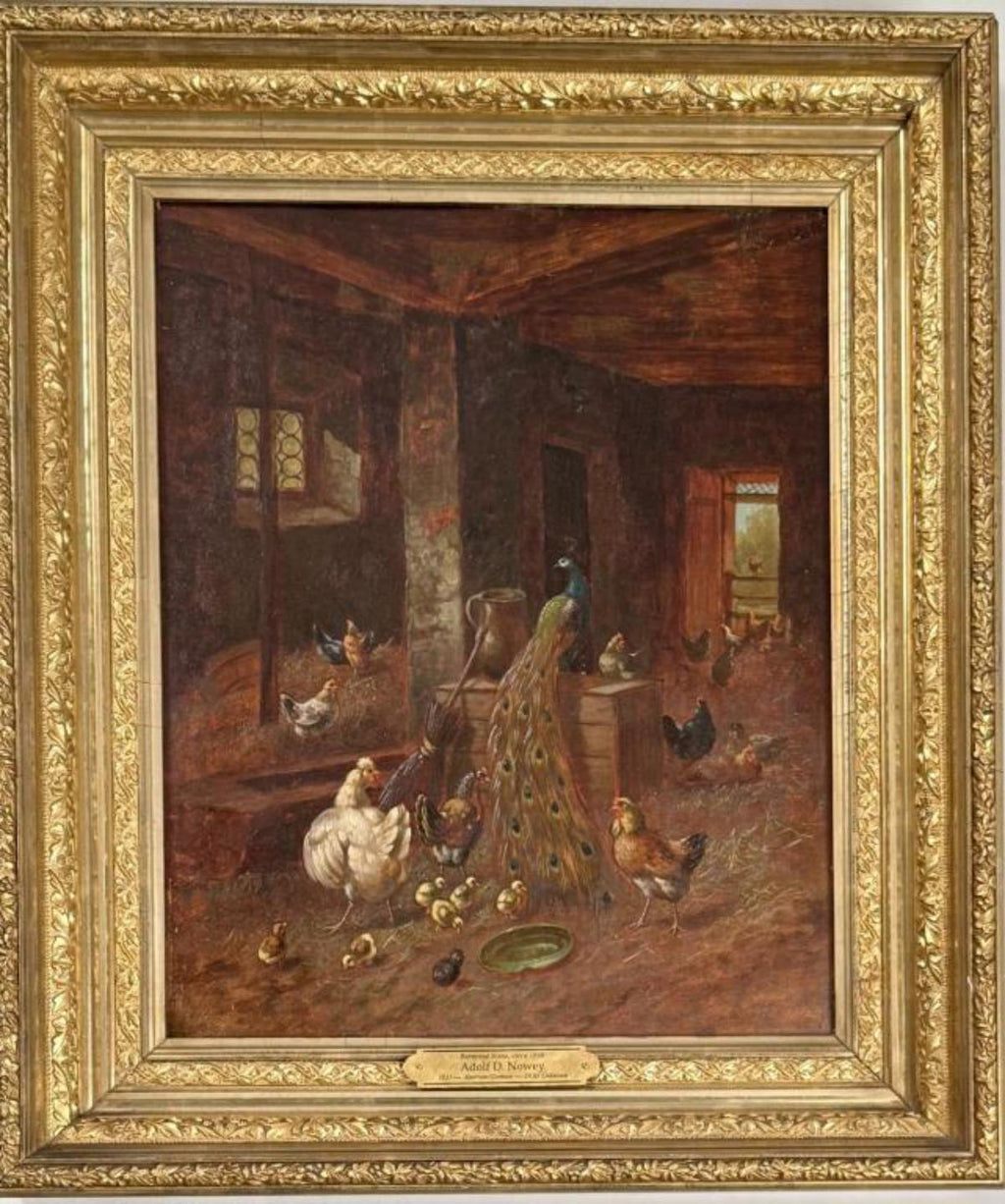 A.D. Nowey Barnyard Scene Oil on Canvas