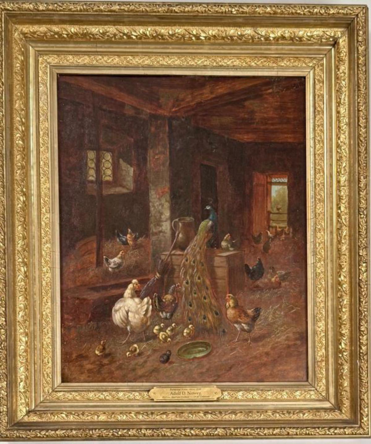 A.D. Nowey Barnyard Scene Oil on Canvas